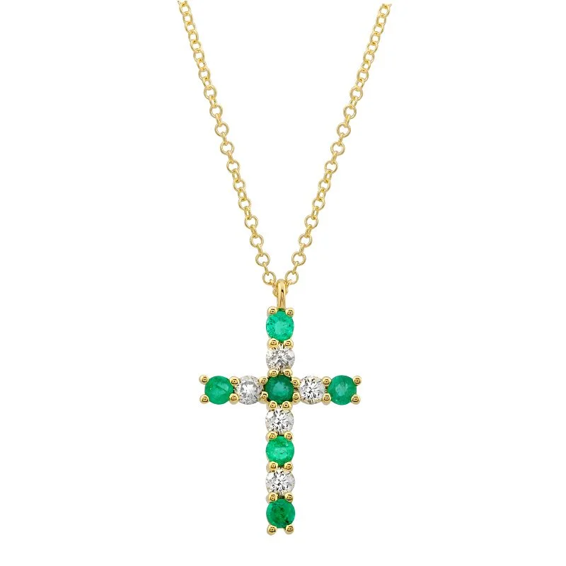 Elegant Wedding Necklaces For Bridal Style-14k Yellow Gold Diamond and Emerald Cross Necklace