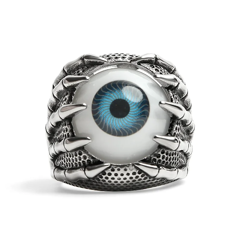 Trendy Cocktail Rings For Night Out-Stainless Steel Skeleton Hands Holding Blue Eyeball Ring / SCR4079