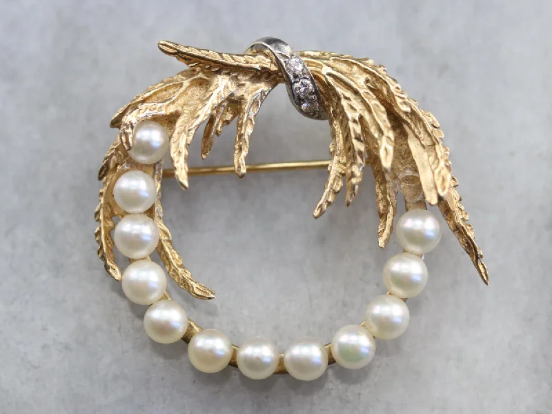 Brooch For Vintage Fashion-Mid Century Pearl and Diamond Gold Brooch