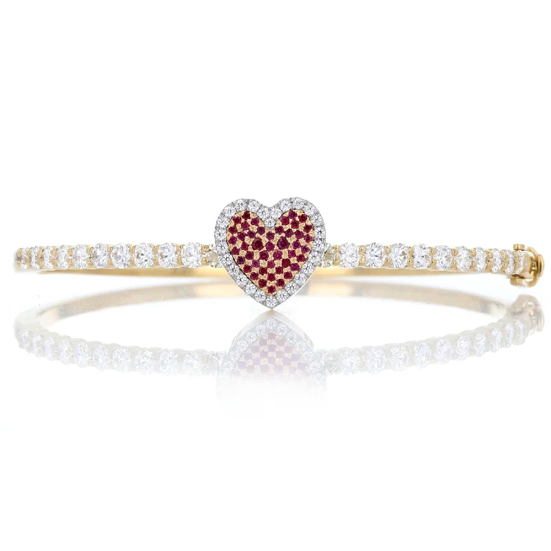 Slim Metal Bangles-Yellow Gold Pave Ruby & Diamond Heart Hinged Bangle Bracelet