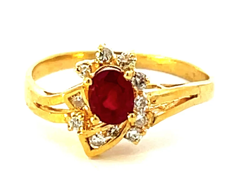 Luxury Gemstone Rings For Fashion Statements-Red Ruby and Diamond Ring in 14k Yellow Gold