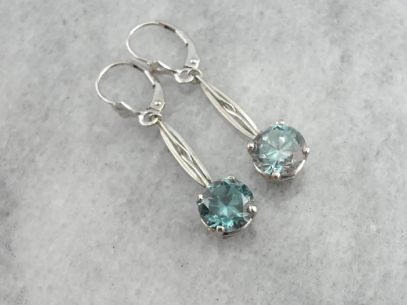 Alluring Earrings For Nighttime Events-December Blue Zircon Birthstone Drop Earrings in White Gold, Vintage Pieces