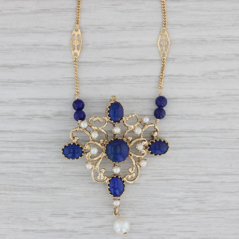 Crystal Necklaces For Sparkly Occasion-Cultured Pearl Lapis Lazuli Lavalier Necklace 14k 18k Yellow Gold 17" Curb Chain