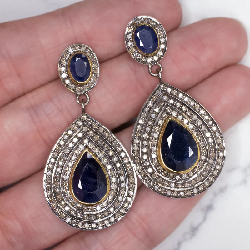 Intricate Earrings For Cultural Events-NATURAL DIAMOND SAPPHIRE EARRINGS STATEMENT DROP DANGLE PEAR TEARDROP BLUE BIG