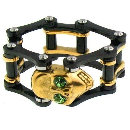 Sparkling Engagement Rings For Special Days-Green CZ Eyed 18K Gold PVD Coated Skull Black Bike Chain Stainless Steel Ring / SCR3095