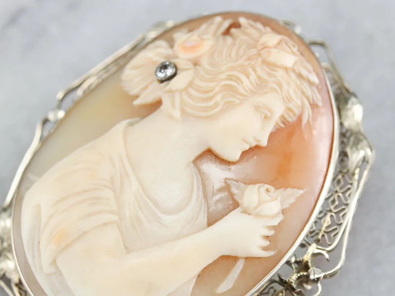 Heart Brooch For Valentine’s Day-Art Deco Girl with Diamond Rose Cameo Brooch