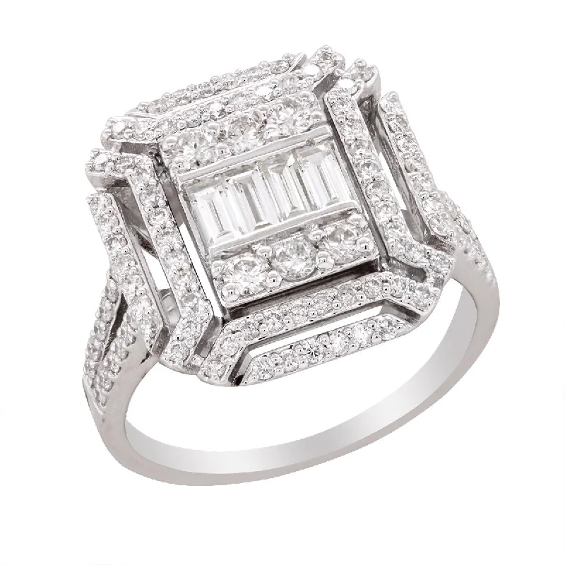 Classic Gold Rings For Special Occasions-WHITE GOLD STATEMENT RING WITH BAGUETTE AND ROUND CUT DIAMONDS, 1.05 CT TW