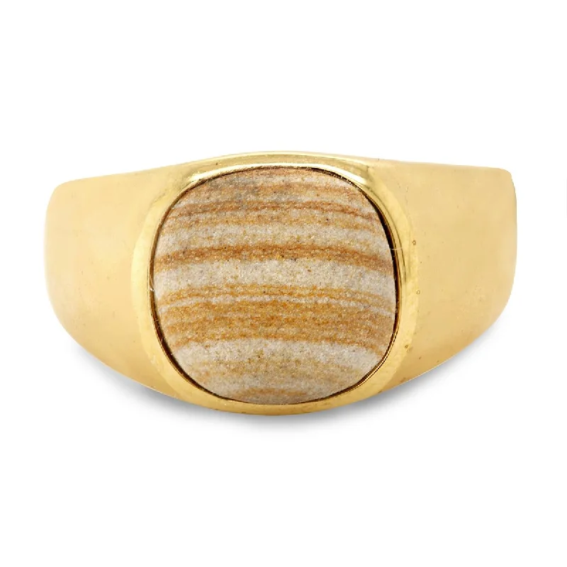 Colorful Gem Rings For Bold Fashion-MEN'S GOLD PLATED FASHION RING WITH WOOD JASPER