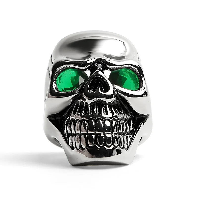 Classic Ruby Rings For Wedding Proposals-Stainless Steel Green CZ Eyed Cracked Skull Ring / SCR4108