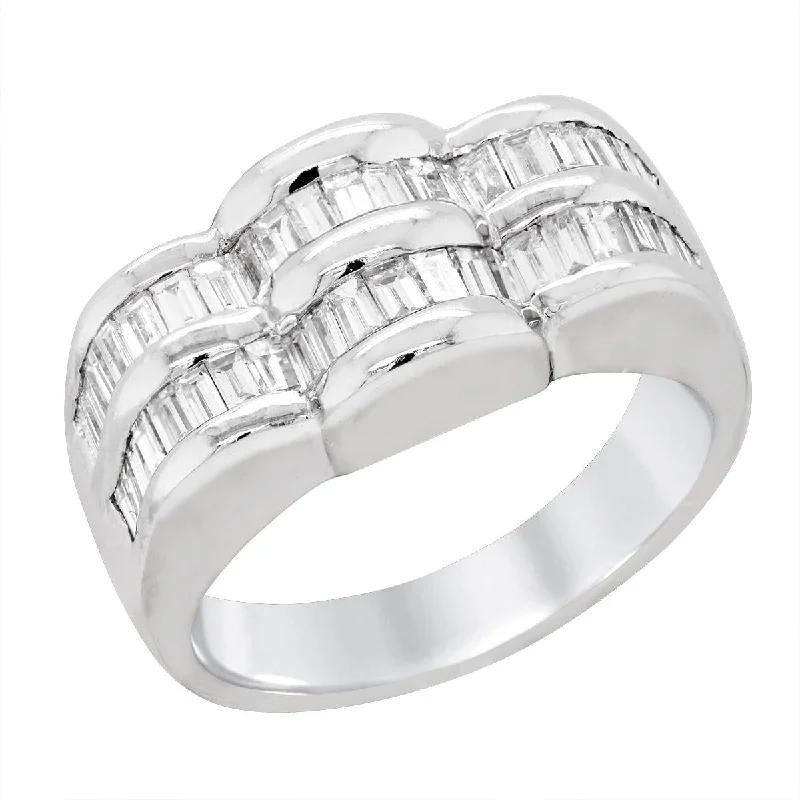 Stylish Cocktail Rings For Special Occasions-WIDE BAND WHITE GOLD RING WITH ROWS OF BAGUETTE DIAMONDS, .86 CT TW