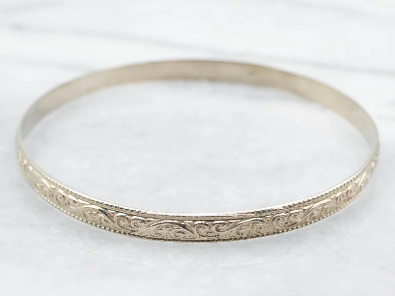 Designer Glass Bangles-White Gold Scrolling Bangle Bracelet