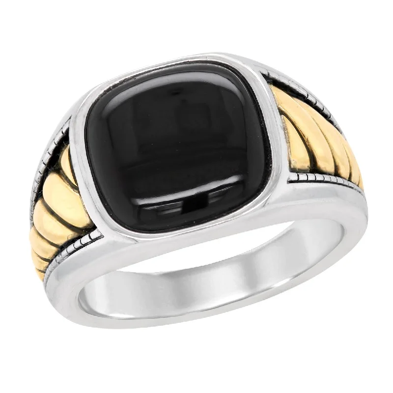 Affordable Engagement Rings For Brides-MEN'S STERLING SILVER AND YELLOW GOLD FASHION RING WITH BLACK ONYX