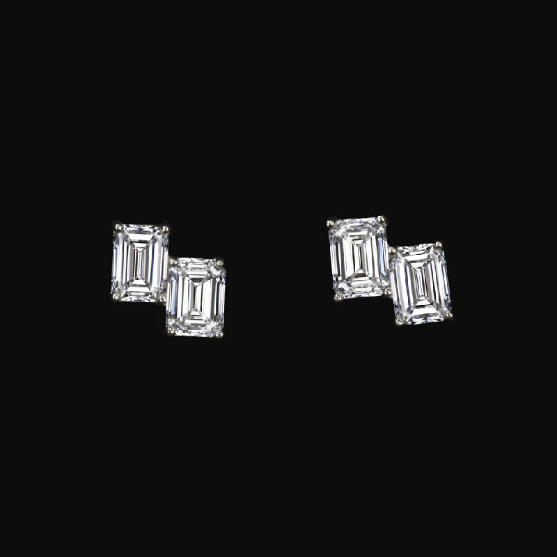 Gold Dangle Earrings For Special Occasions-EMERALD CUT LAB CREATED DIAMOND STUD EARRINGS 14k WHITE GOLD CLUSTER MINIMALIST