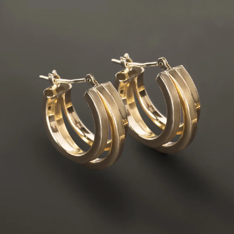 Ethnic Earrings For Cultural Events-14K YELLOW GOLD 3 RING HOOP EARRINGS MINIMALIST SIMPLE CLASSIC HUGGIE EVERYDAY