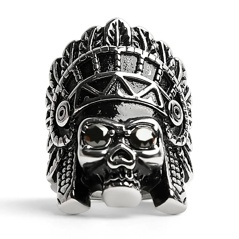 Modern Stackable Rings For Everyday Fashion-Stainless Steel Black CZ Eyed Native American Chief Skull Ring / SCR4011