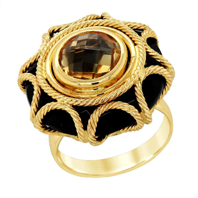 Affordable Diamond Wedding Bands-YELLOW GOLD STATEMENT RING WITH CITRINE AND BLACK ONYX