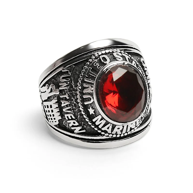 Affordable Promise Rings For Gifting-United States Marine Corp Military Stainless Steel Men's Ring with Red Stone / MCR4046