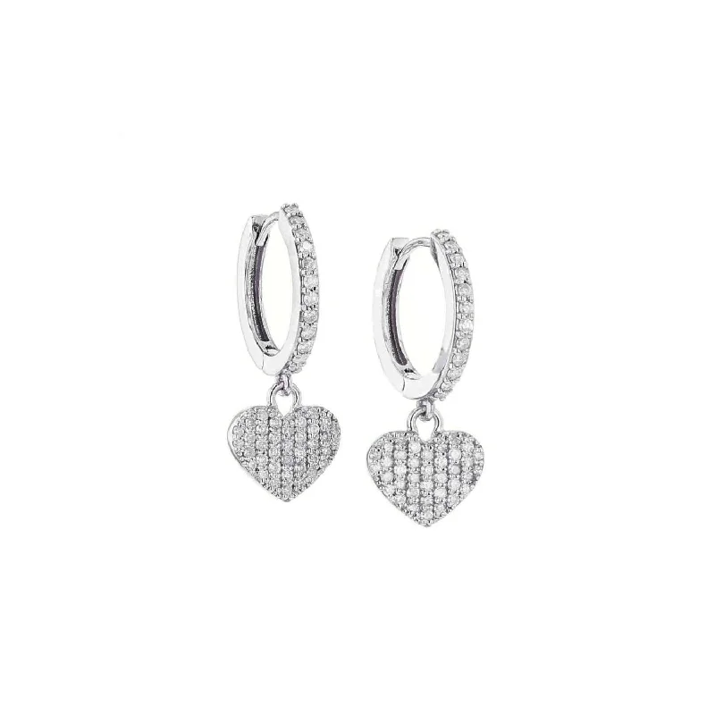 Colorful Stone Earrings For Formal Events-Diamond Huggie Hoop Earrings with Pave Heart Charm  E0000467