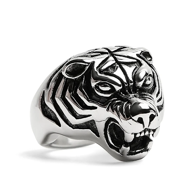 Custom Wedding Rings For Couples-Stainless Steel Snarling Tiger Ring / SCR4037