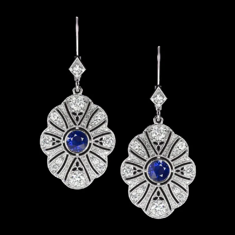 Glamorous Earrings For Red Carpet Look-1.35ct SAPPHIRE DIAMOND DANGLE EARRINGS VINTAGE STYLE DROP WHITE GOLD ART DECO