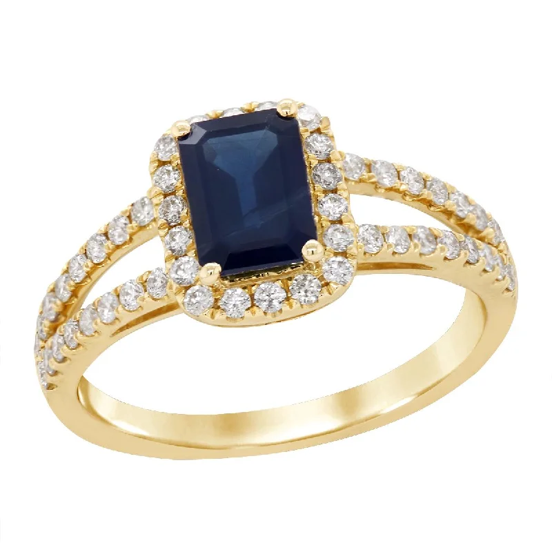 Sparkling Engagement Rings For Brides-YELLOW GOLD SPLIT SHANK RING WITH EMERALD CUT SAPPHIRE AND DIAMONDS, .45 CT TW