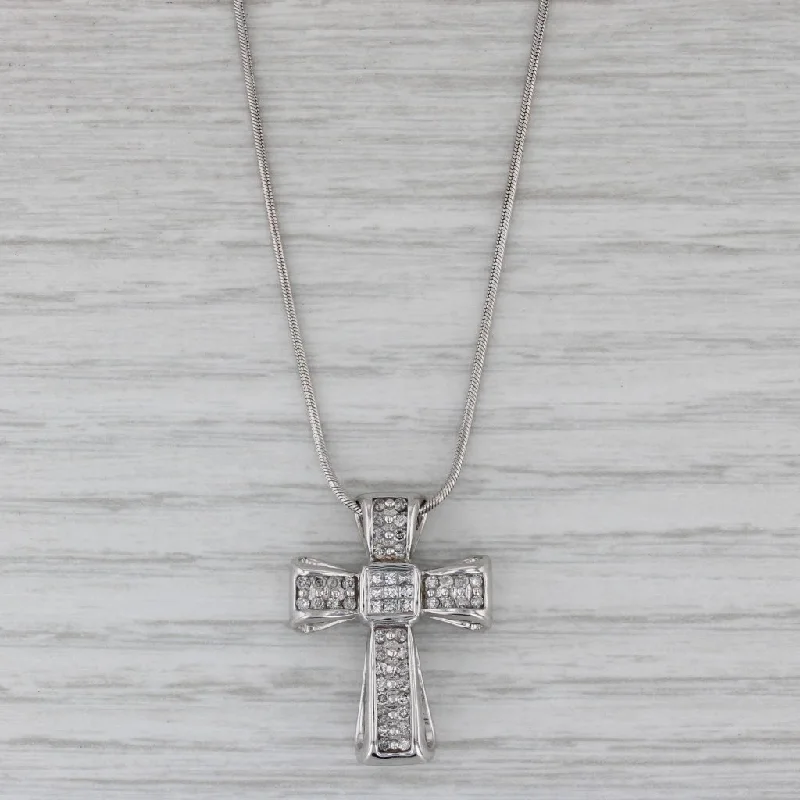 Intricate Necklaces For Special Occasions-0.50ctw Diamond Cross Pendant Necklace 14k White Gold 17" Snake Chain