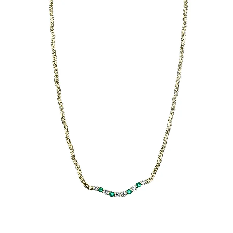 Colorful Statement Necklaces For Summer Fashion-14K Yellow Gold Diamond and Emerald Curved Bar Necklace