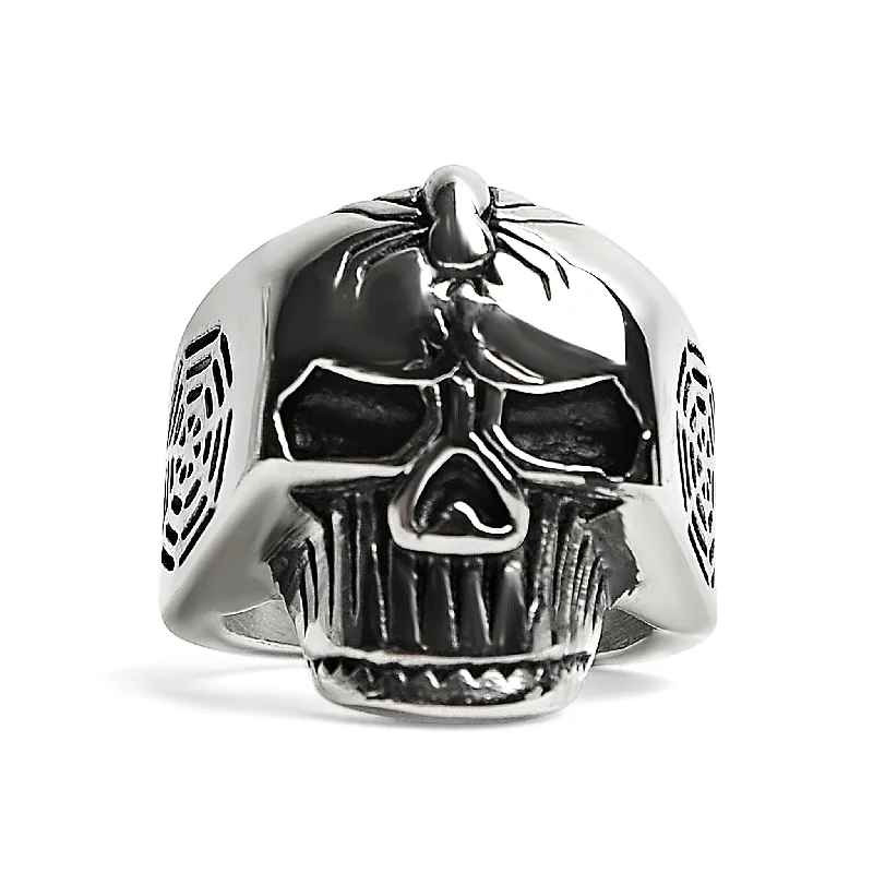 Stunning Pearl Rings For Bridal Jewelry-Stainless Steel Skull With Spider And Web Accents Ring / SCR4025