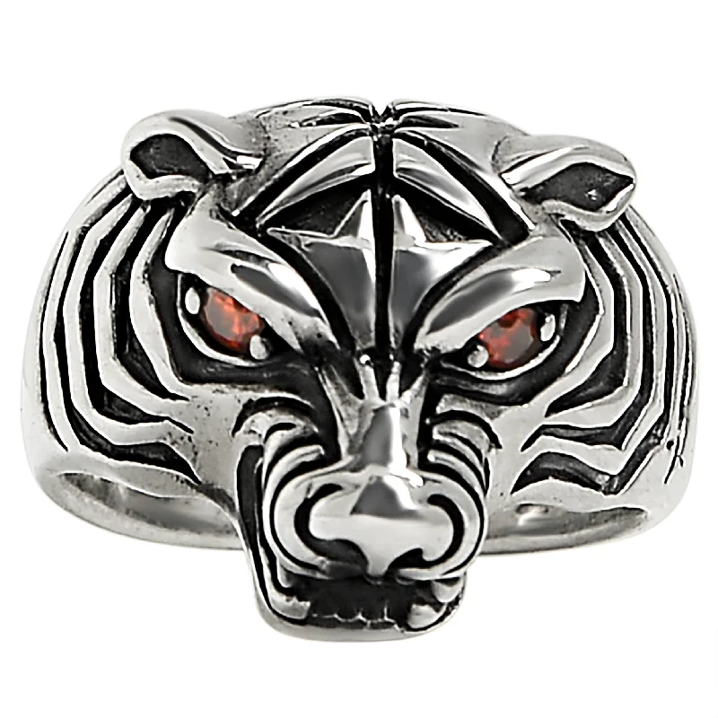 Bold Diamond Rings For Fashion-Forward Look-Sterling Silver Red CZ Eyed Tiger Ring / SSR0015