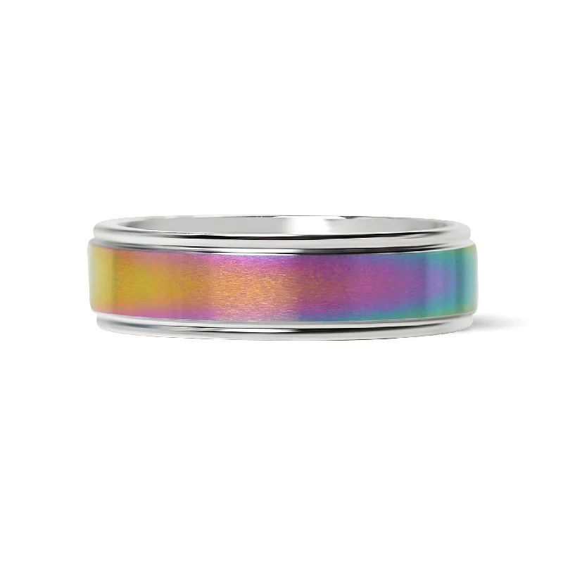 Unique Cocktail Rings For Statement Style-Rainbow Center Polished Edge Stainless Steel Ring / CFR7015