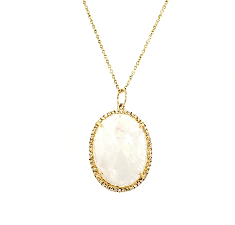 Simple Pendant Necklaces For Casual Wear-14K Yellow Gold Round Diamond + Oval Rainbow Moonstone Pendant