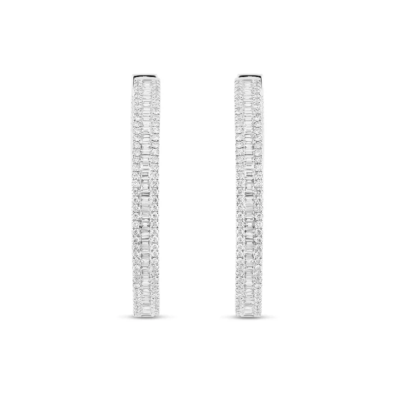 Statement Earrings For Summer Festivals-18K White Gold Baguette Diamond Inside-Out Hoop Earrings