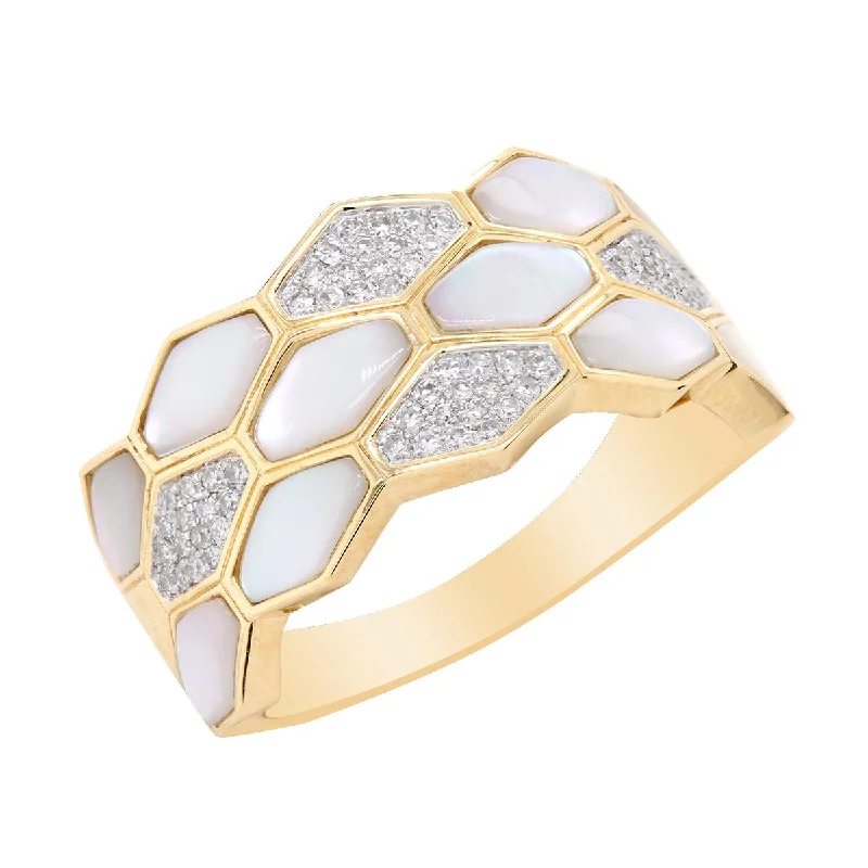 Beautiful Wedding Bands For Couples-YELLOW GOLD FASHION RING WITH MOTHER OF PEARL AND DIAMOND PAVE, .18 CT TW