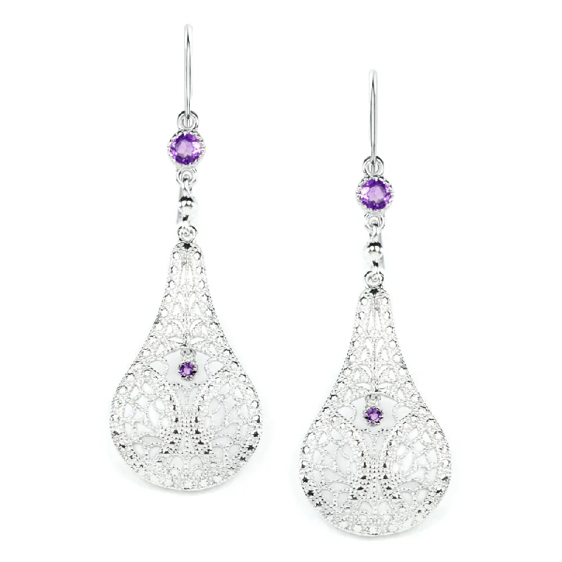 Bridal Earrings For Elegant Look-AMETHYST FILIGREE EARRINGS STERLING SILVER DANGLE TEARDROP VINTAGE STYLE PURPLE