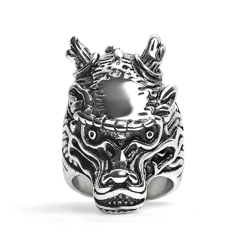 Luxury Platinum Rings For Elegant Look-Stainless Steel Eastern Dragon Head Ring / SCR4032