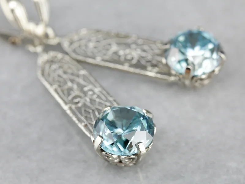 Sophisticated Earrings For Night Out-Blue Zircon Filigree Drop Earrings in White Gold with Leverbacks