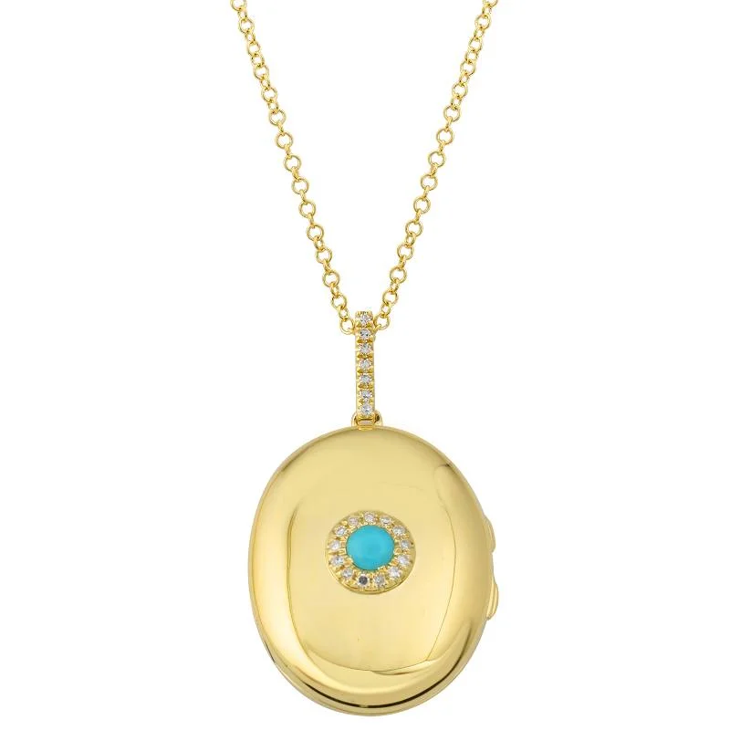 Custom Gold Necklaces For Anniversary Gifts-14K Yellow Gold Turquoise Diamond Locket Necklace