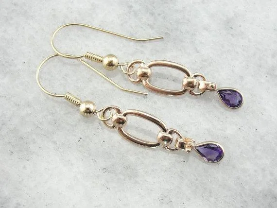 Cute Heart Earrings For Lovers-Amethyst Teardrops and Golden Links, Handcrafted Earrings