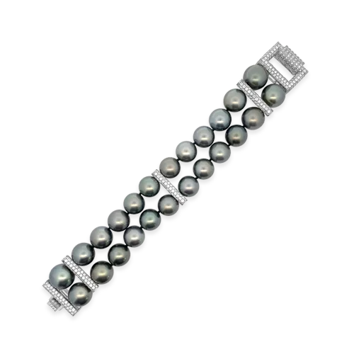 Women’s Gold Bracelets Set-Tahitian Pearl & Diamond Two Row Bracelet