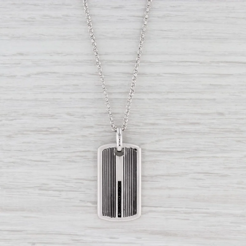 Chunky Silver Necklaces For Bold Fashion-New Dog Tag Pendant Necklace Black Diamonds Sterling Silver 21.5" Rolo Chain