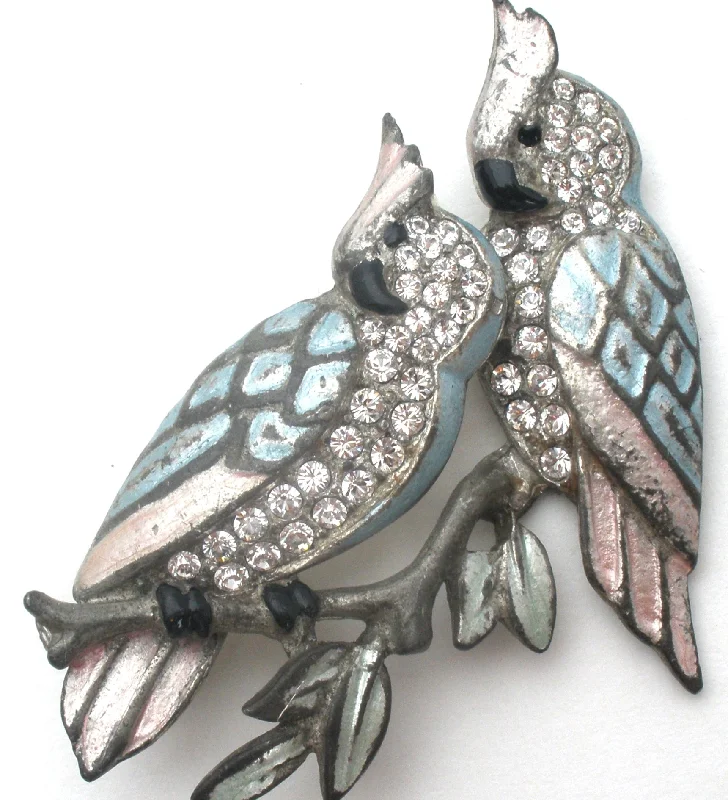 Gold Brooch For Formal Events-Double Blue Bird Brooch Pin With Paste Rhinestones