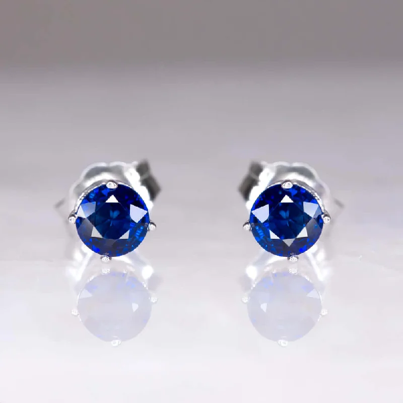 Customizable Birthstone Earrings For Gifts-NATURAL SAPPHIRE VINTAGE STYLE STUD EARRINGS 14K WHITE GOLD FILIGREE BLUE ROUND