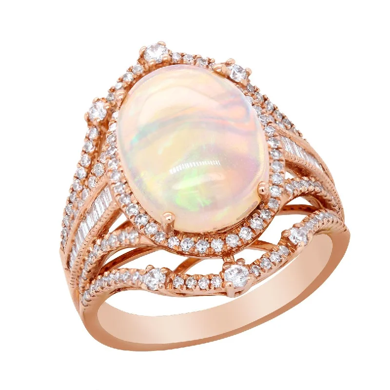 Simple Gemstone Rings For Everyday Wear-ROSE GOLD FASHION RING WITH OVAL SHAPED OPAL AND DIAMONDS, .71 CT TW