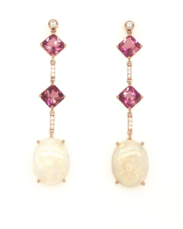 Customizable Name Earrings-Pink Tourmaline and Opal Earrings with Diamonds 3-JSA