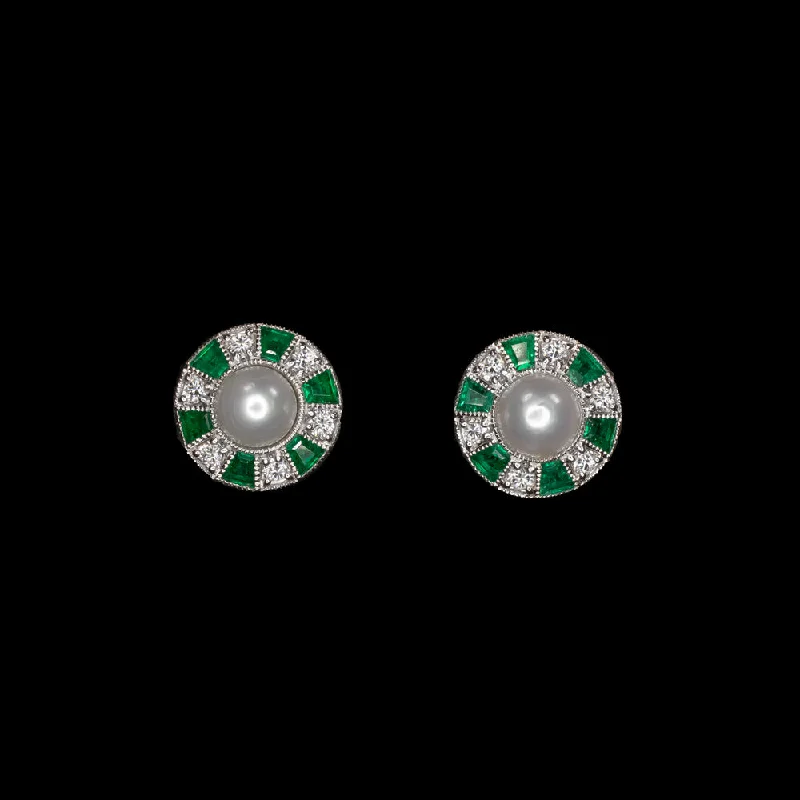 Wedding Earrings For Elegant Bridal Look-PEARL DIAMOND EMERALD STUD EARRINGS VINTAGE STYLE WHITE GOLD HALO GREEN NATURAL