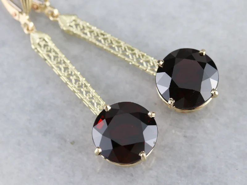 Trendy Earrings For Teenagers-Bold Garnet Filigree Drop Earrings