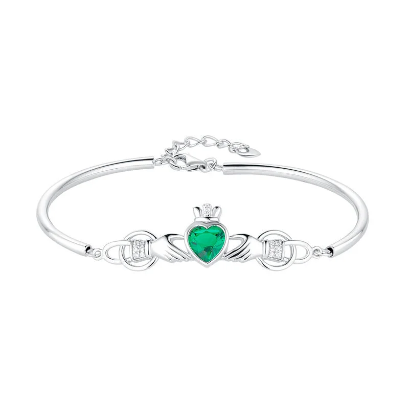 Wedding Jewelry Bangles-Sterling Silver Green Cz Claddagh Bangle