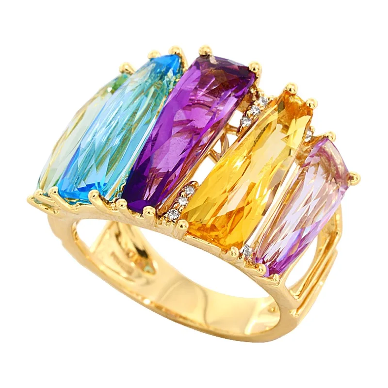 Stunning Wedding Rings For Elegant Brides-YELLOW GOLD FASHION RING WITH MULTICOLORED GEMSTONES AND DIAMONDS, .06 CT TW