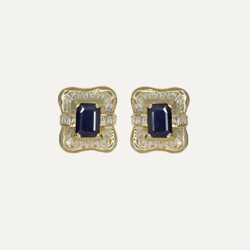 Glamorous Earrings For Red Carpet Look-SAPPHIRE DIAMOND STUD EARRINGS BAGUETTE HALO 14k YELLOW GOLD EMERALD CUT ESTATE