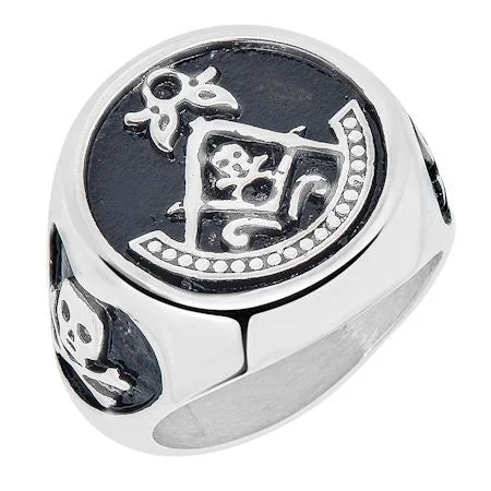 Unique Engagement Rings For Bold Brides-Stainless Steel Masonic Inlay With Accent Skulls Signet Ring / MCR3082